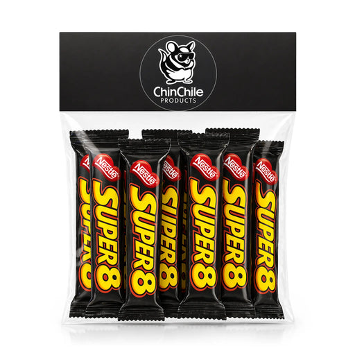 A 12 unit bag of Super 8 Chilean chocolate cookies individually wrapped in black packaging with yellow text.