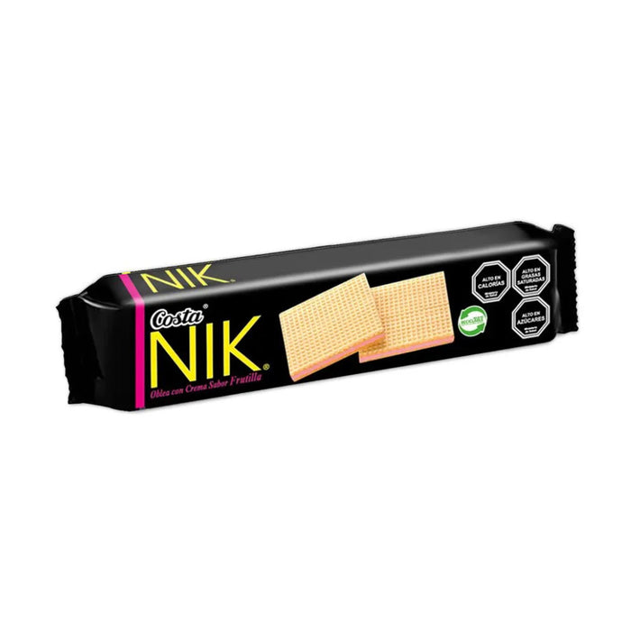 A black package of Nik strawberry flavor cookies with yellow text.