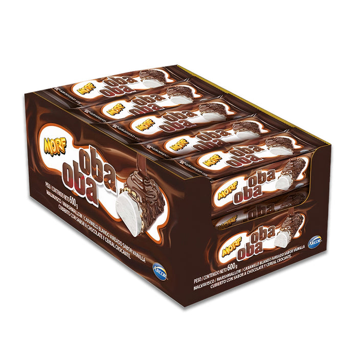 A 30 unit brown box of Oba Oba marshmallow chocolate bars in brown packaging.