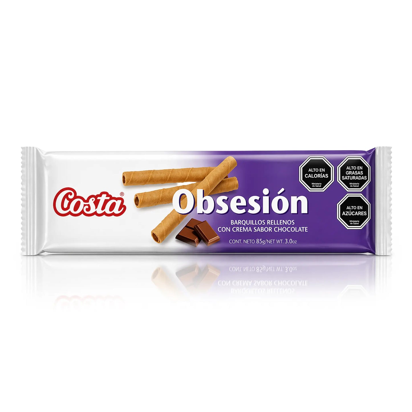 Envase de la tableta de chocolate Costa Obsesion sobre fondo blanco
