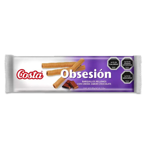 A white and purple package of Obsesion cookies from Costa.
