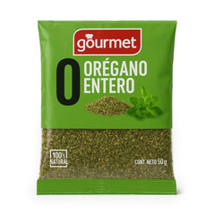 Bolsa de 50g de Orégano Entero Gourmet importado de Chile - envase verde con orégano seco en su interior.