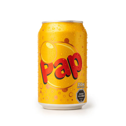 Una lata amarilla y naranja de 350 ml de Papilla. Un producto de Chile.
