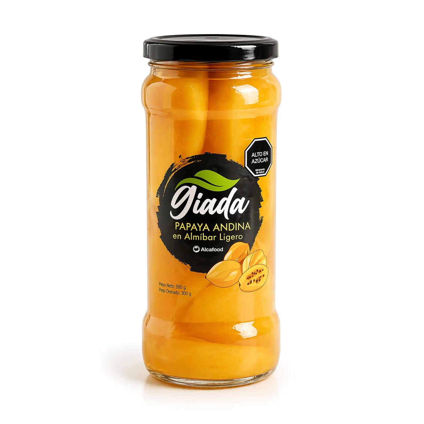 Tarro Giada Papaya Andina en Almíbar Light de Alcafood, con vibrantes rodajas de papaya amarilla en un tarro transparente con diseño de etiqueta negra y verde.