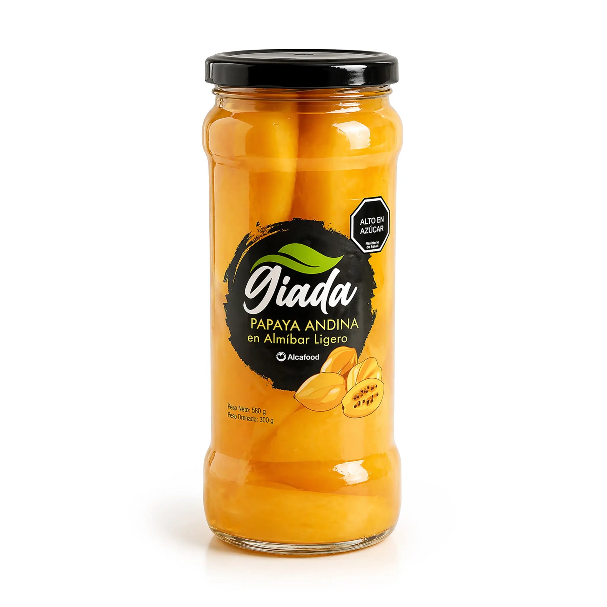 Tarro Giada Papaya Andina en Almíbar Light de Alcafood, con vibrantes rodajas de papaya amarilla en un tarro transparente con diseño de etiqueta negra y verde.