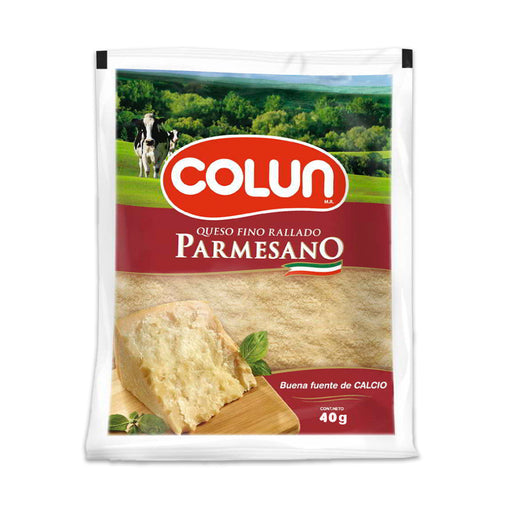 A 40 gram packet of Parmesano Cheese. The front shows a cow and a wedge of cheese with the logo Colun.
