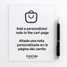White sheet of paper with a black pen beside it, displaying the message "Add a personalized note in the cart page" and its Spanish translation "Añade una nota personalizada en la página del carrito.