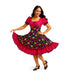 Woman wearing a colorful dress with a floral pattern on a white background