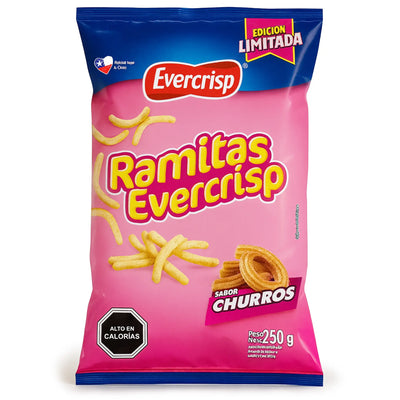 Envase de aperitivos Evercrisp Ramitas con fondo rosa y parte superior azul