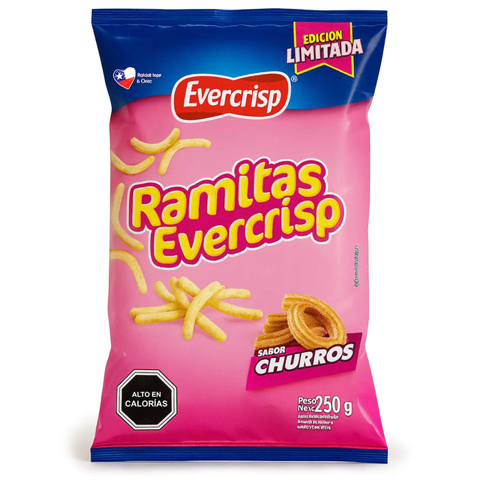 Evercrisp Ramitas snack package with pink background and blue top