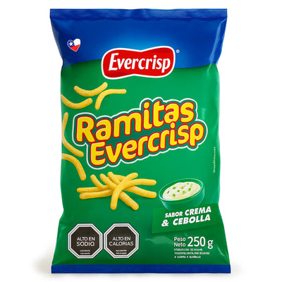 Envase de aperitivos Ramitas Evercrisp con diseño verde y azul