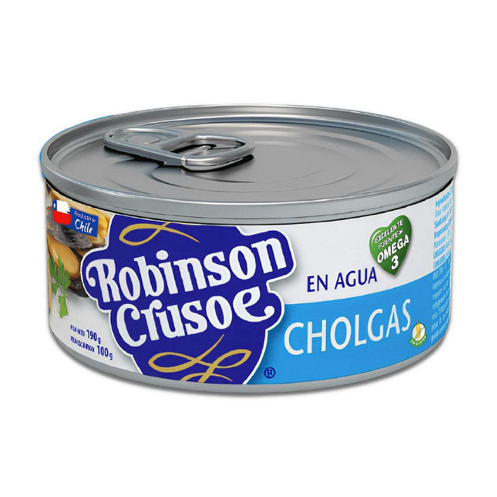 Robinson Crusoe Cholgas in Water 190g can, featuring a blue label with white text and the Chilean flag, showcasing preserved mussels from Chile