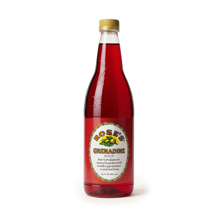 Bottle of Rose's Grenadine syrup with a gold cap on a white background