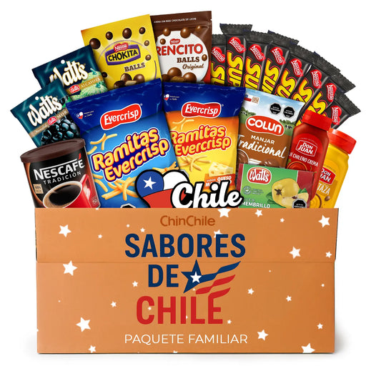 Assorted snack packages in a box labeled 'Sabores de Chile' with various brands.