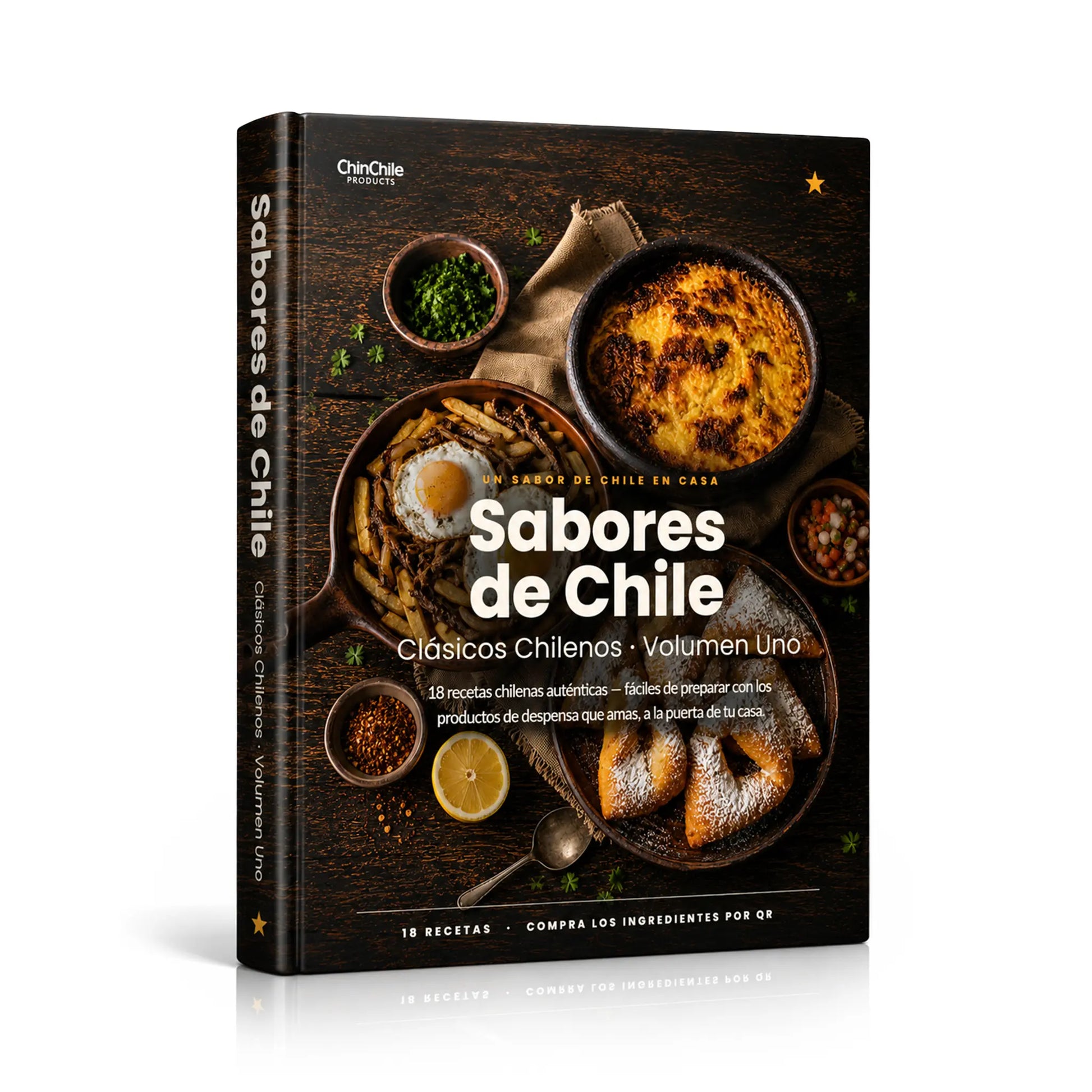 Cookbook titled 'Sabores de Chile' with images of food on the cover