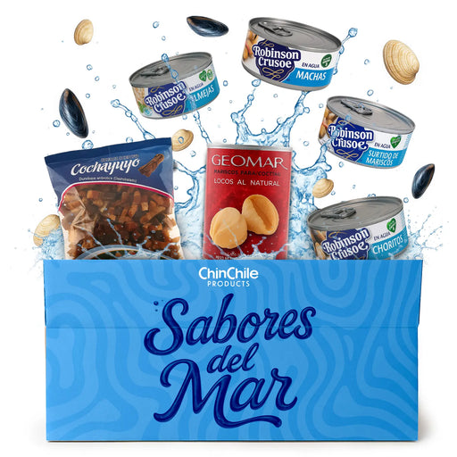 Box of ChinChile Products with various food items including tins and a package, featuring the brand name 'Sabores del Mar'.