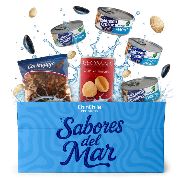 Box of ChinChile Products with various food items including tins and a package, featuring the brand name 'Sabores del Mar'.