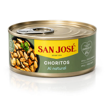 Lata de 190 gramos de Choritos con tapa de fácil apertura y etiquetado en verde claro.