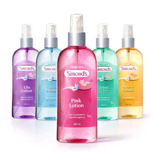 Simonds baby care lotion assortment (Lila, Marina, Pink, Green, Golden), 260 ml bottles