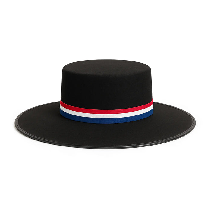Black hat with a red, white, and blue band on a white background