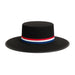 Black hat with a red, white, and blue band on a white background