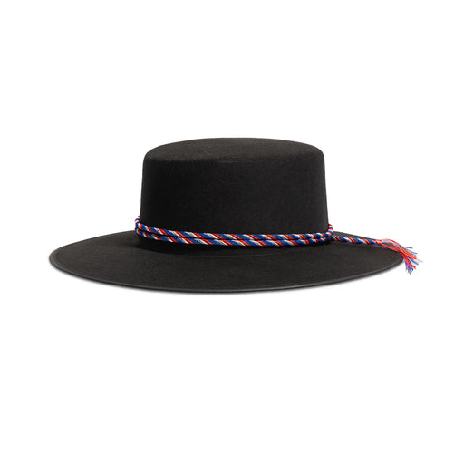 Black Chilean Huaso Hat with red, white, and blue rope band on white background.