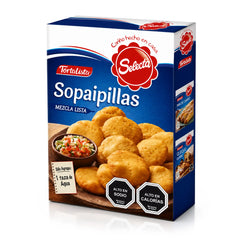 Caja de Sopaipillas Tortalista Selecta con una imagen de sopaipillas y un cuenco de salsa sobre un fondo blanco.