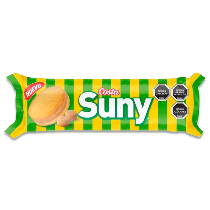 A green and yellow package of Suny cookies with a picture of a cookie and two candies on the front.