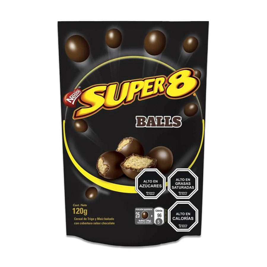A 120 gram black bag of Super 8 chocolate balls.