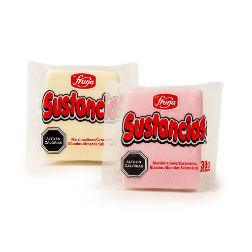 Two packages of Sustancias marshmallows, one vanilla and one pink, on a white background.