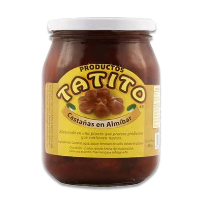 Tarro de cristal de 500 gramos con tapón blanco y etiqueta amarilla lleno de puré de castañas marrones.