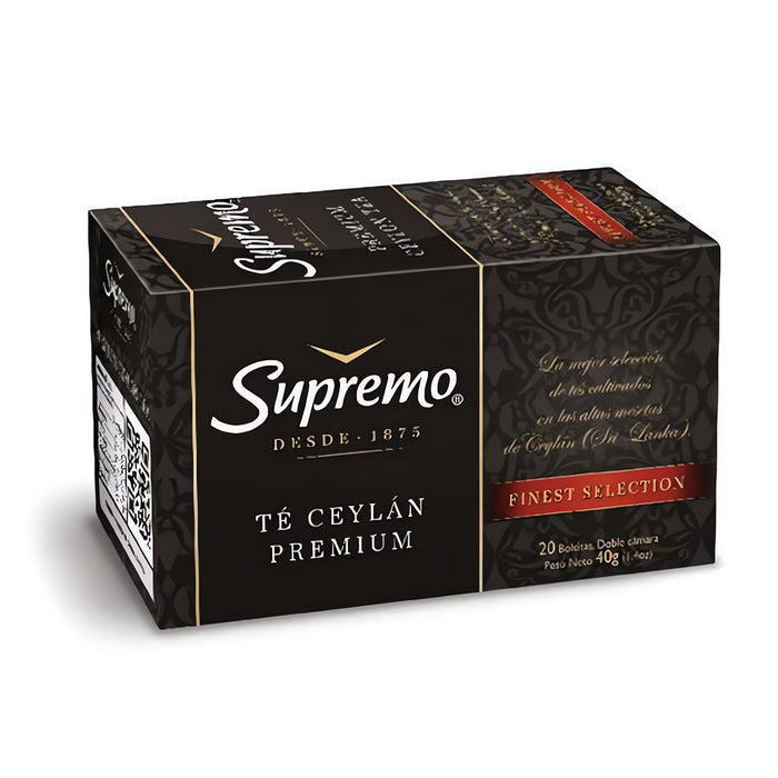 Box of Té Supremo Ceylán Premium black tea with 20 tea bags, imported from Chile.