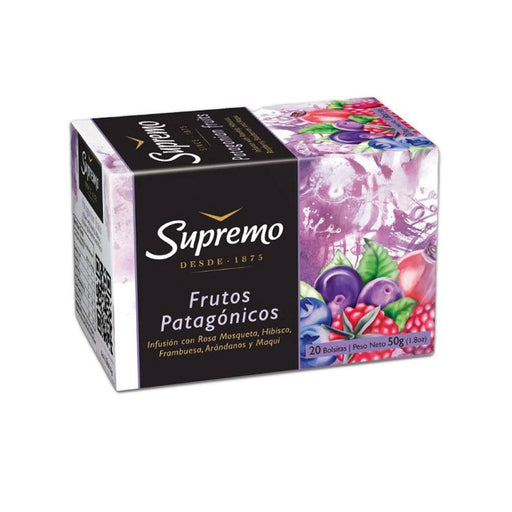 Box of Té Supremo Frutos Patagónicos with a colorful design showcasing rosehip, hibiscus, raspberry, blueberry, and maqui fruits.