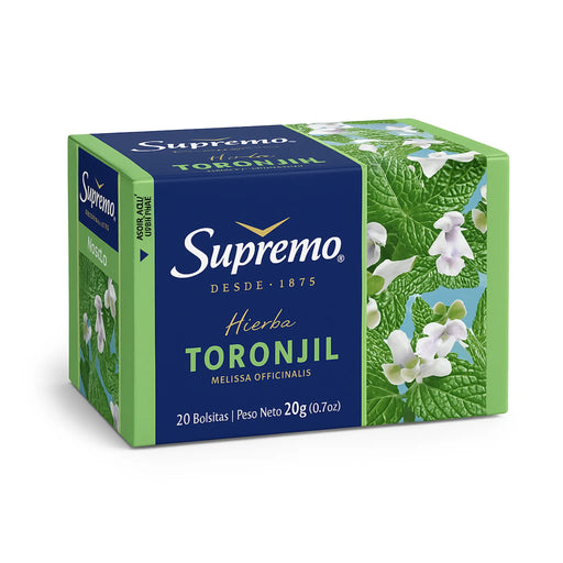 Supremo Toronjil tea box with green and blue design on a white background