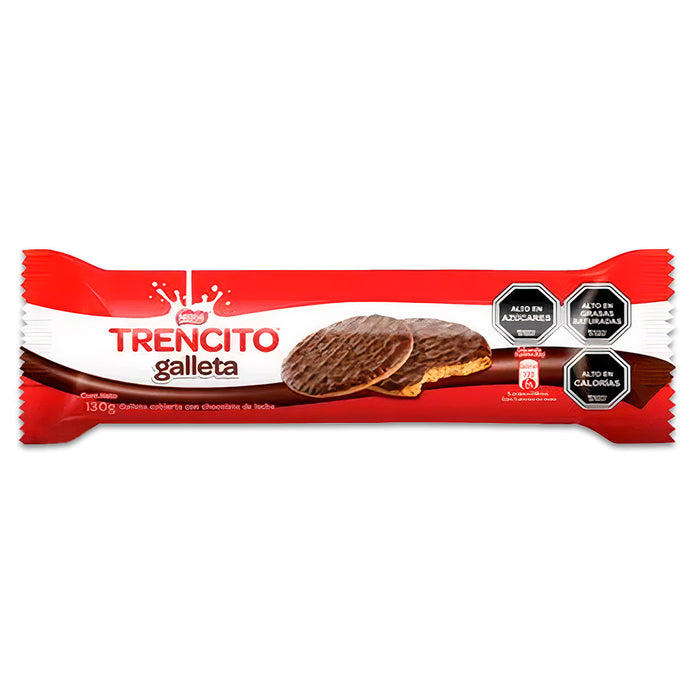 A red package of Trencito cookies with a picture of two cookies on the front.