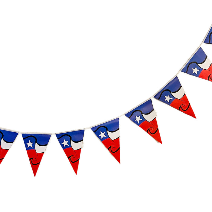 A set of 10 A triangular flags of Chile hanging from a string.