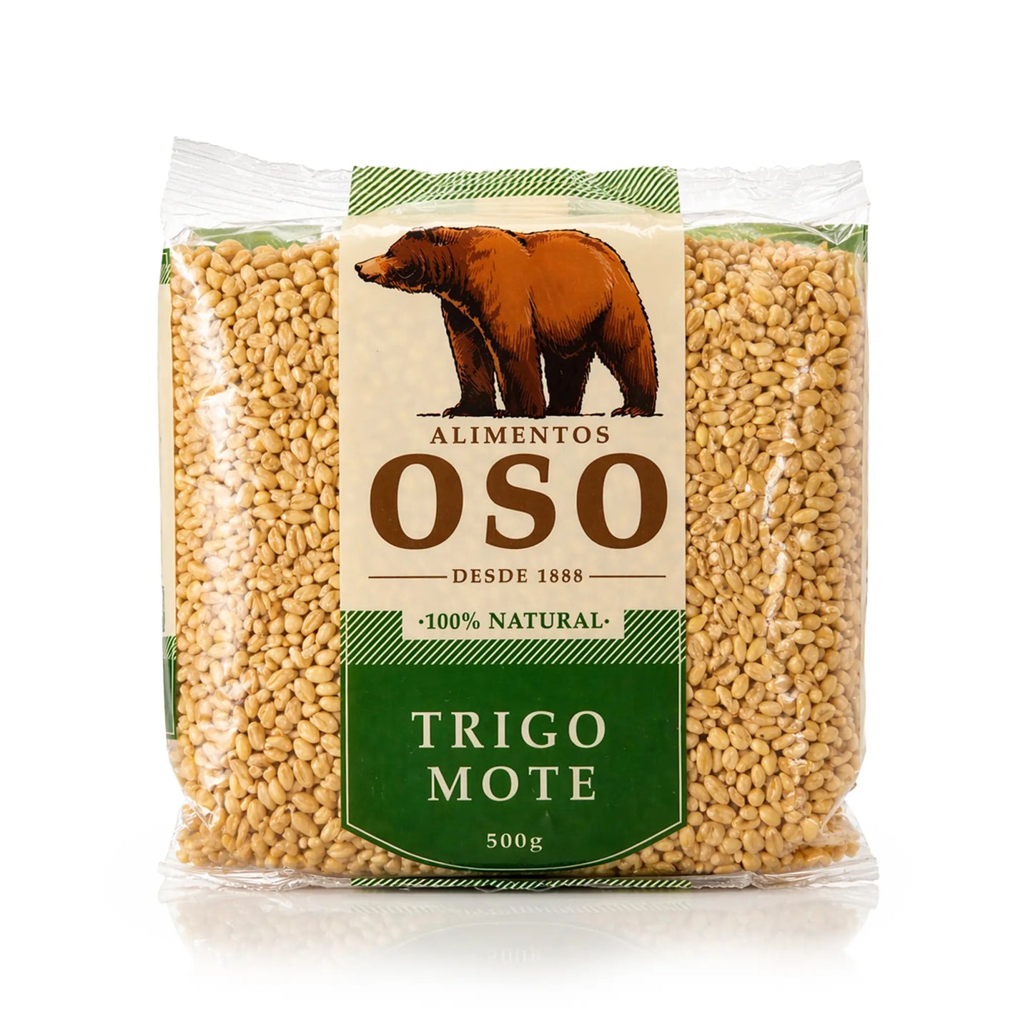 Una bolsa transparente de 500 gramos de Trigo Mote con una etiqueta verde y un oso marrón en la parte delantera.