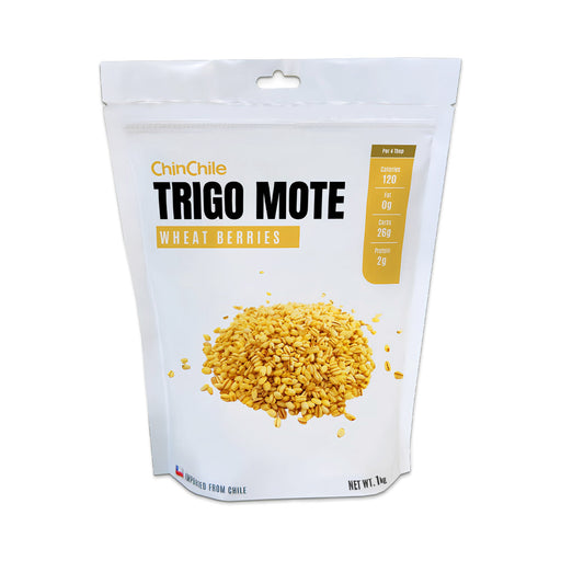 A white package of Trigo Mote with a pile of kernels on the front.