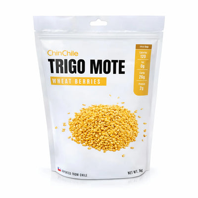 Bolsa de granos de trigo «Trigo Mote» con la marca visible sobre fondo blanco