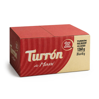 Caja roja y beige de Turrón de Maná con el logotipo de la marca sobre fondo blanco