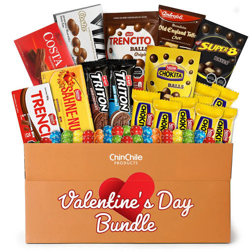 Valentine's Day bundle of various candy bars and snacks in a box with 'ChinChile' branding.