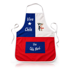 Un delantal de cocina original con el diseño de la bandera chilena y el texto «Viva Chile Mierd.» impreso sobre un fondo blanco liso.