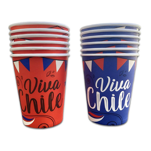 Viva Chile Paper Cup Set with 6 red and 6 blue cups featuring patriotic Chilean designs