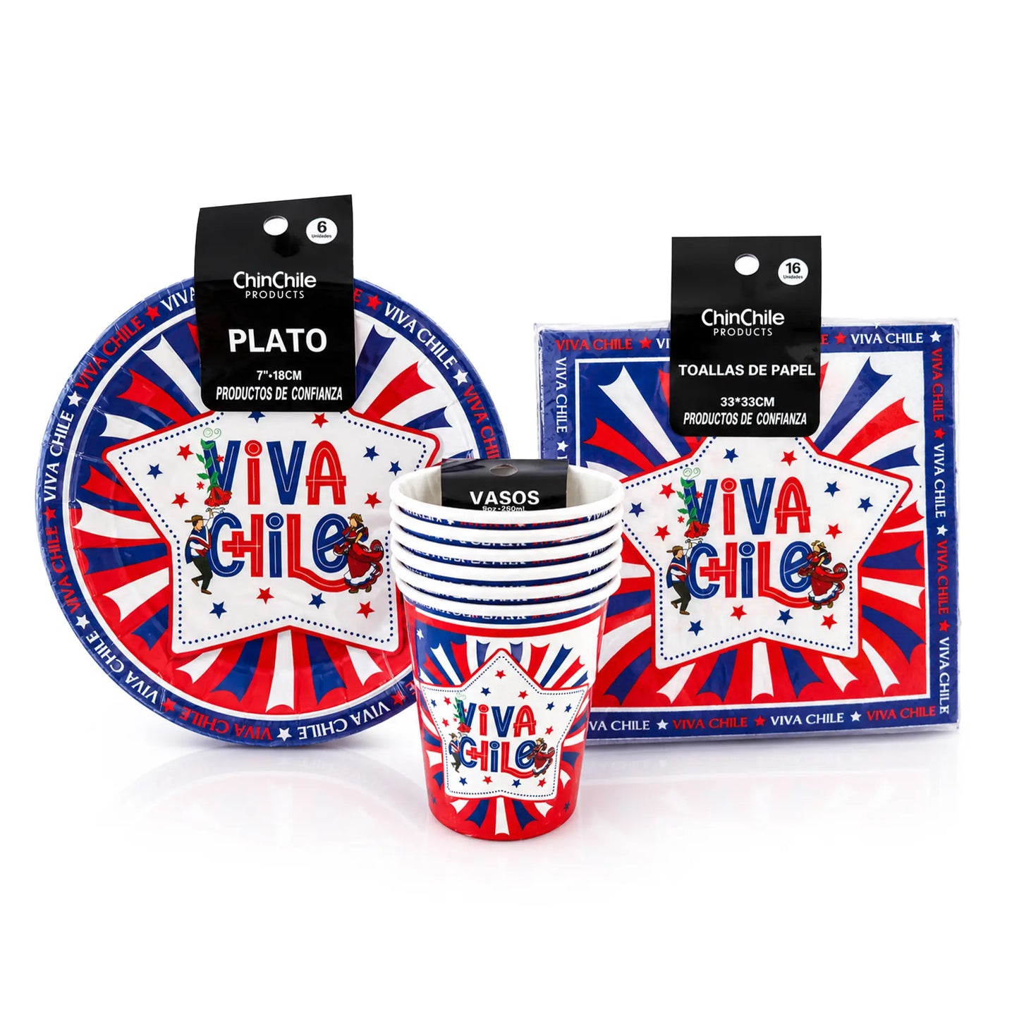 Un juego de vajilla patriótica con el lema «VIVA CHILE» en rojo, blanco y azul de ChanChile Products, que incluye un plato, vasos apilados y servilletas de papel, que se muestran tanto por separado como en su embalaje de venta al público.