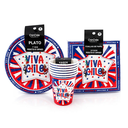 Un juego de vajilla patriótica con el lema «VIVA CHILE» en rojo, blanco y azul de ChanChile Products, que incluye un plato, vasos apilados y servilletas de papel, que se muestran tanto por separado como en su embalaje de venta al público.