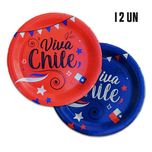 Viva Chile Plate Set with 6 blue and 6 red paper plates featuring patriotic Chilean designs.