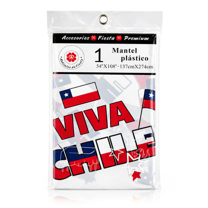 Mantel de plástico con motivos nacionales de Chile, con el texto «VIVA CHILE» y motivos de la bandera, con las dimensiones indicadas de 54" x 108" x 137 cm, de la marca Accesorios Fiesta Premium.