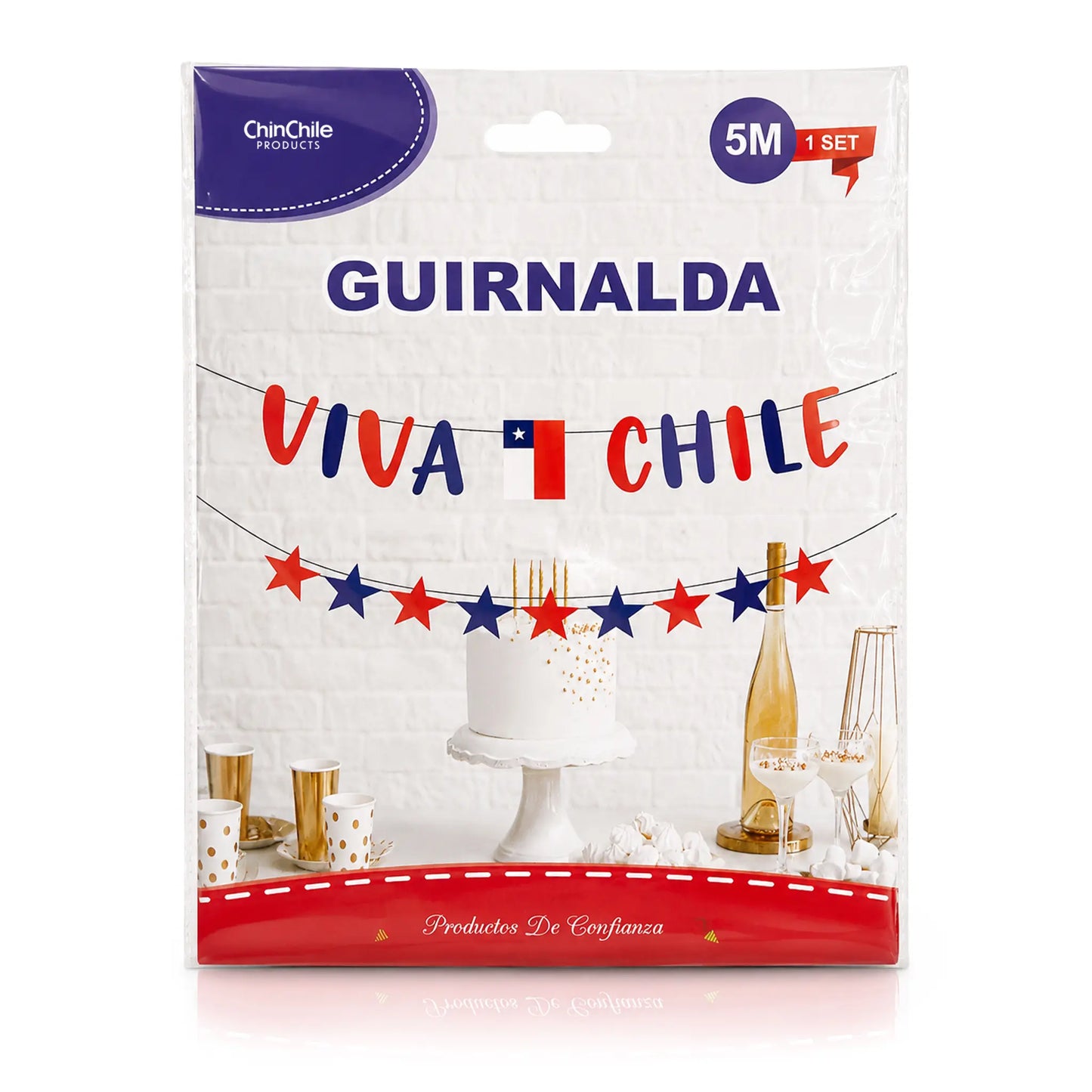 Juego de pancartas para fiestas con temática patriótica chilena, de la marca Cinchile. La pancarta colgante blanca lleva el texto «VIVA CHILE» en rojo y azul, con una pequeña bandera chilena en el centro y banderitas en forma de estrella rojas y azules dispuestas a lo largo de la parte superior.