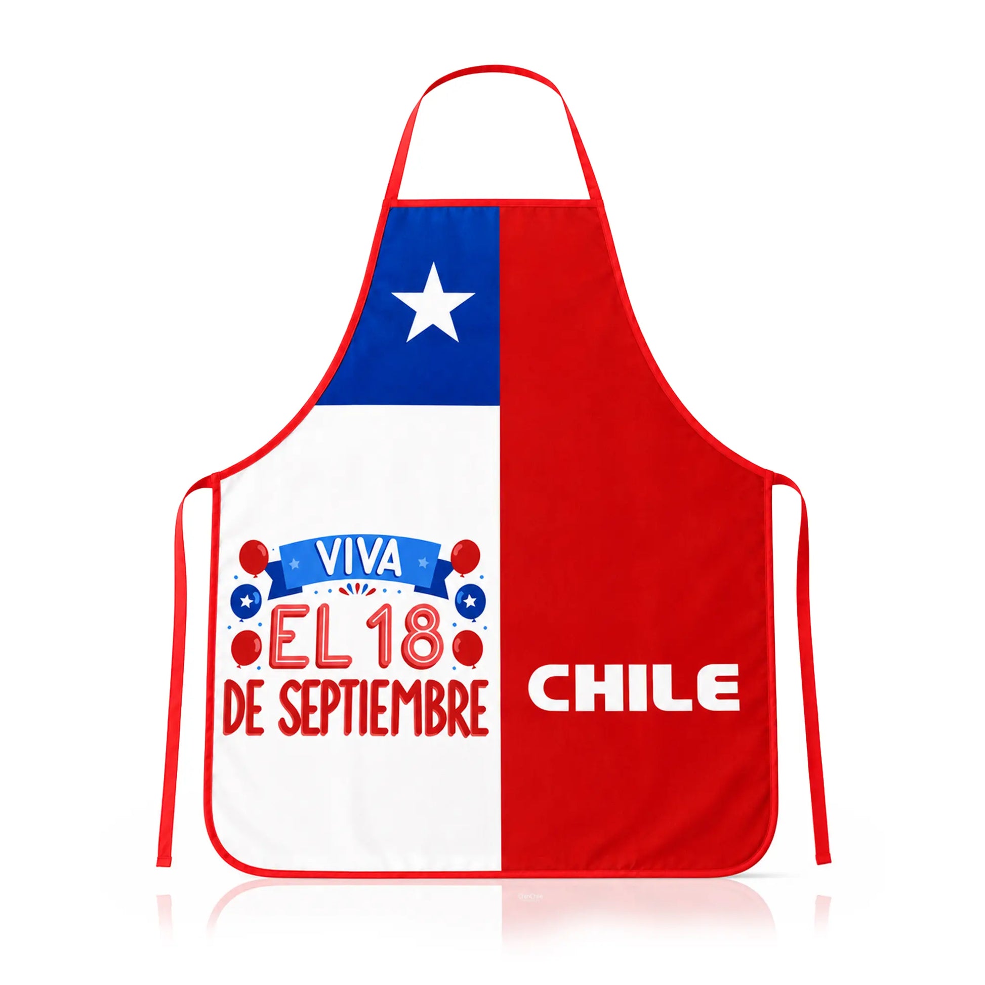 A red and white apron featuring the Chilean flag design with a white star on a blue square, the text 'VIVA EL 18 DE SEPTIEMBRE' on the left side, and 'CHILE' printed in white on the right side. The apron is shown on a clean white background with a subtle reflection.