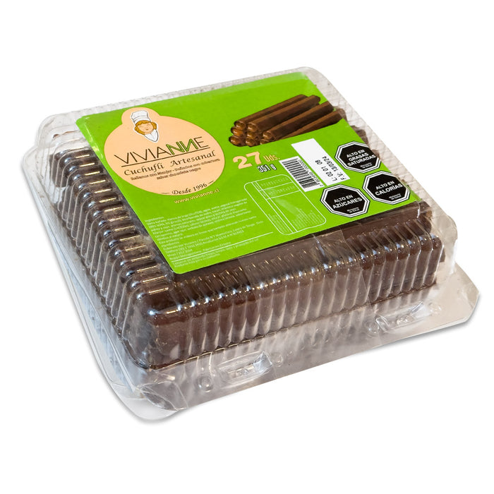 A clear plastic container of Vivianne Cuchufli Chocolate.